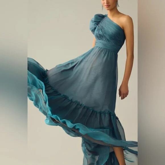 NWT Mac Duggal Organza One-Shoulder Pleated Tiered Gown Formal Sage Size 6 - Picture 1 of 8